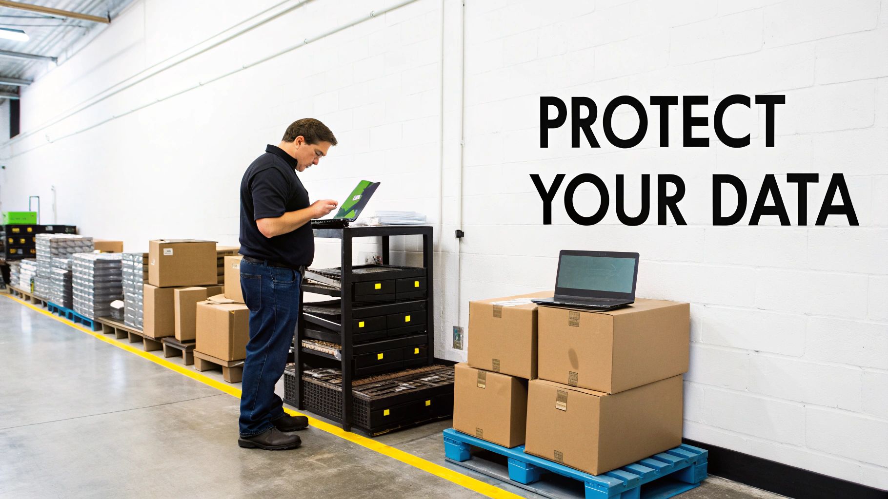 A man works on a laptop in a warehouse, with text "PROTECT YOUR DATA" on the wall.