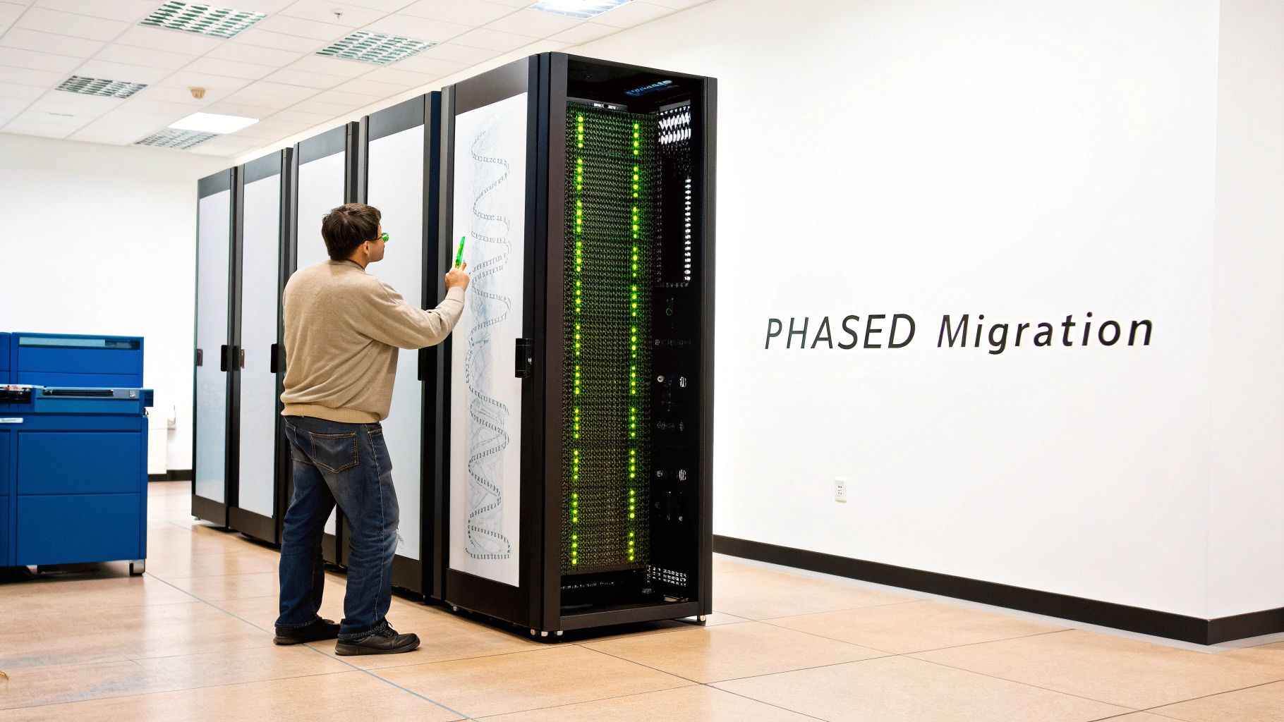 An IT professional examines server racks in a data center, with 'PHASED Migration' on the wall.