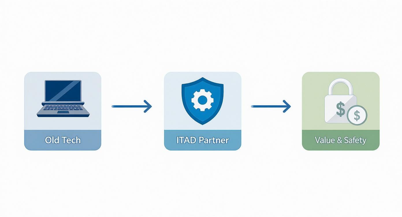 A diagram showing old tech moving to an ITAD partner, resulting in value and safety.