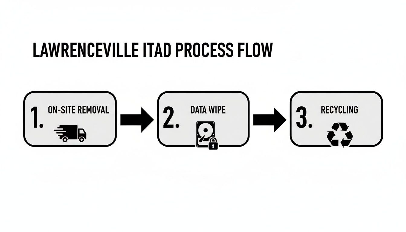 Flowchart illustrating the Lawrenceville ITAD process: on-site removal, data wipe, and recycling steps.