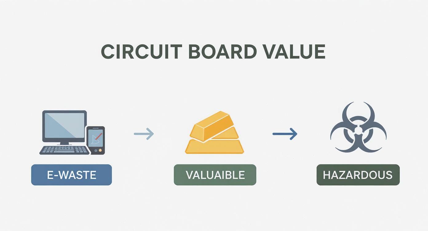 Infographic showing circuit board value progression from e-waste to valuable materials to hazardous components