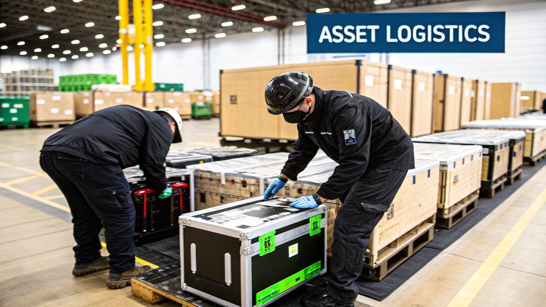 A worker in a brightly lit, organized warehouse is cataloging data center equipment, showing the first step in the ITAD process.