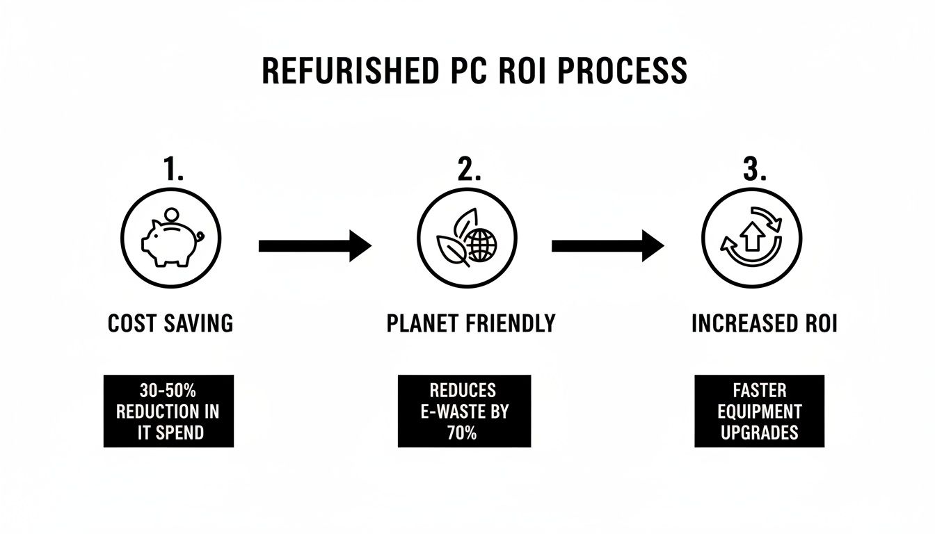 Refurbished PC ROI process infographic showing cost savings, environmental benefits, and increased ROI with icons for financial savings, e-waste reduction, and equipment upgrades.