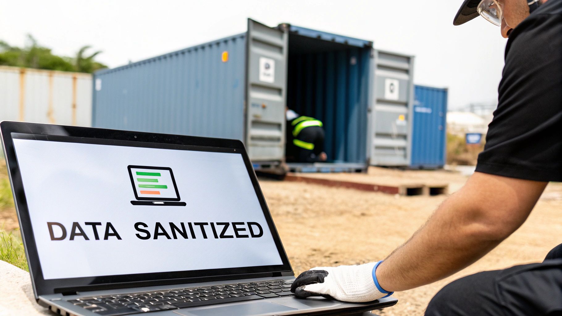 Worker using laptop displaying data sanitized message at outdoor container storage facility
