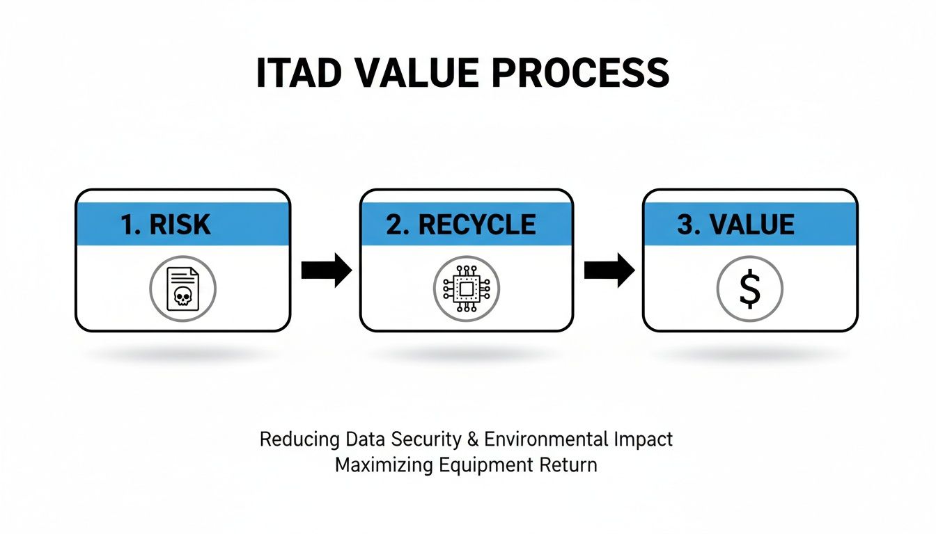ITAD value process flow illustrating risk management, electronic recycling, and maximizing equipment value.