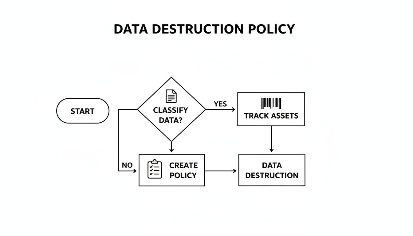 Flowchart illustrating a data destruction policy, including steps for classification, tracking, and policy creation.