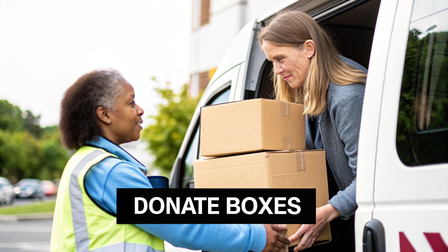 A woman in a yellow vest receives two cardboard boxes from a smiling woman inside a white delivery van.
