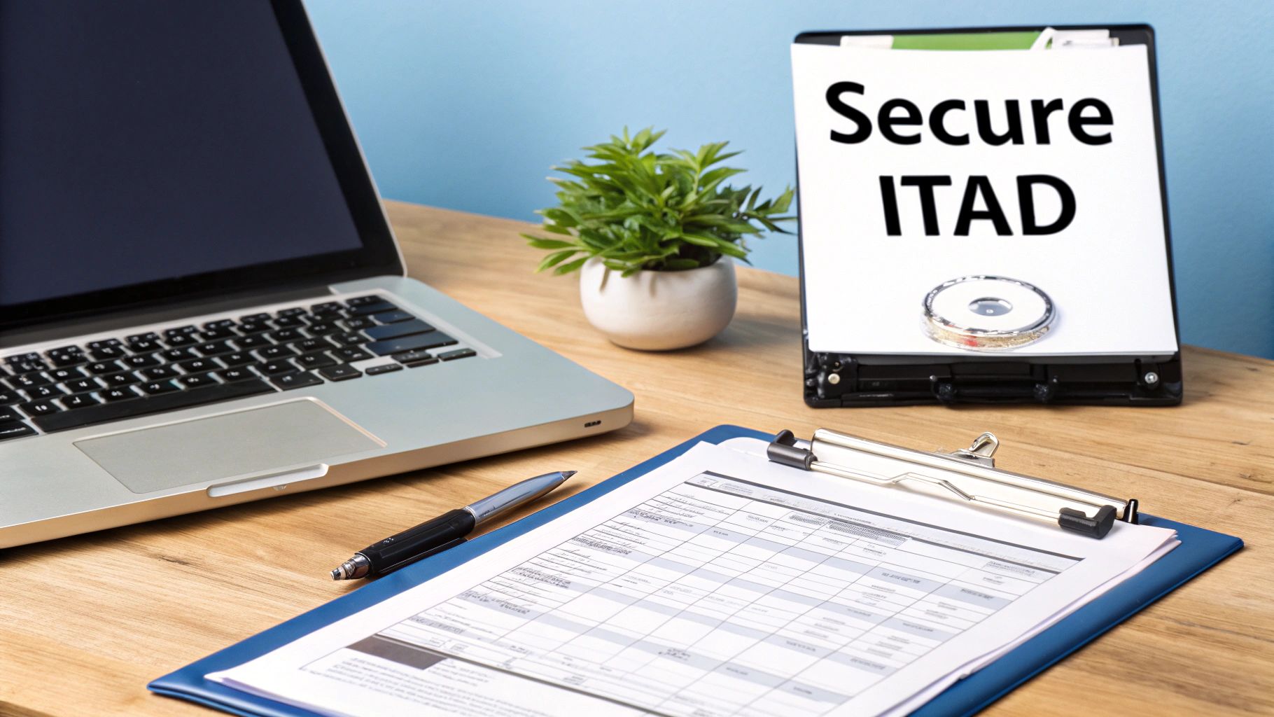 A workspace with a laptop, documents, a pen, and a sign promoting 'Secure ITAD' services.