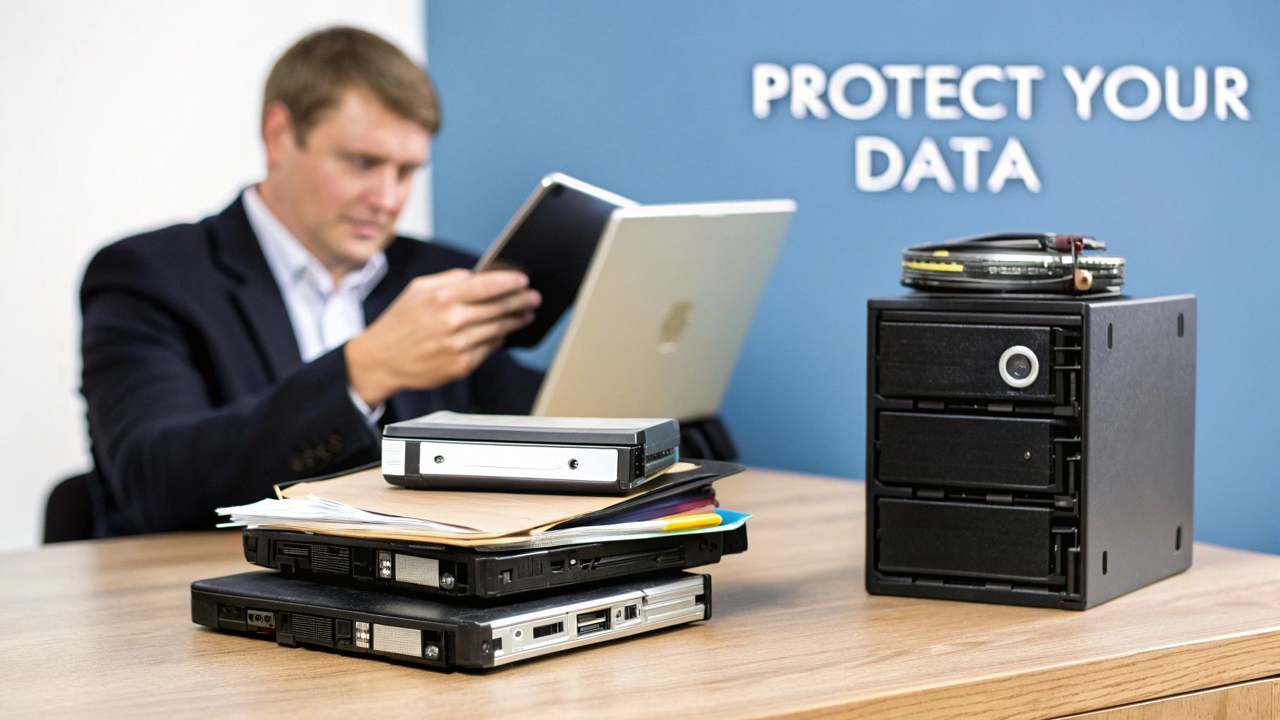 A man in an office reviews a tablet, surrounded by external hard drives and a data storage unit.