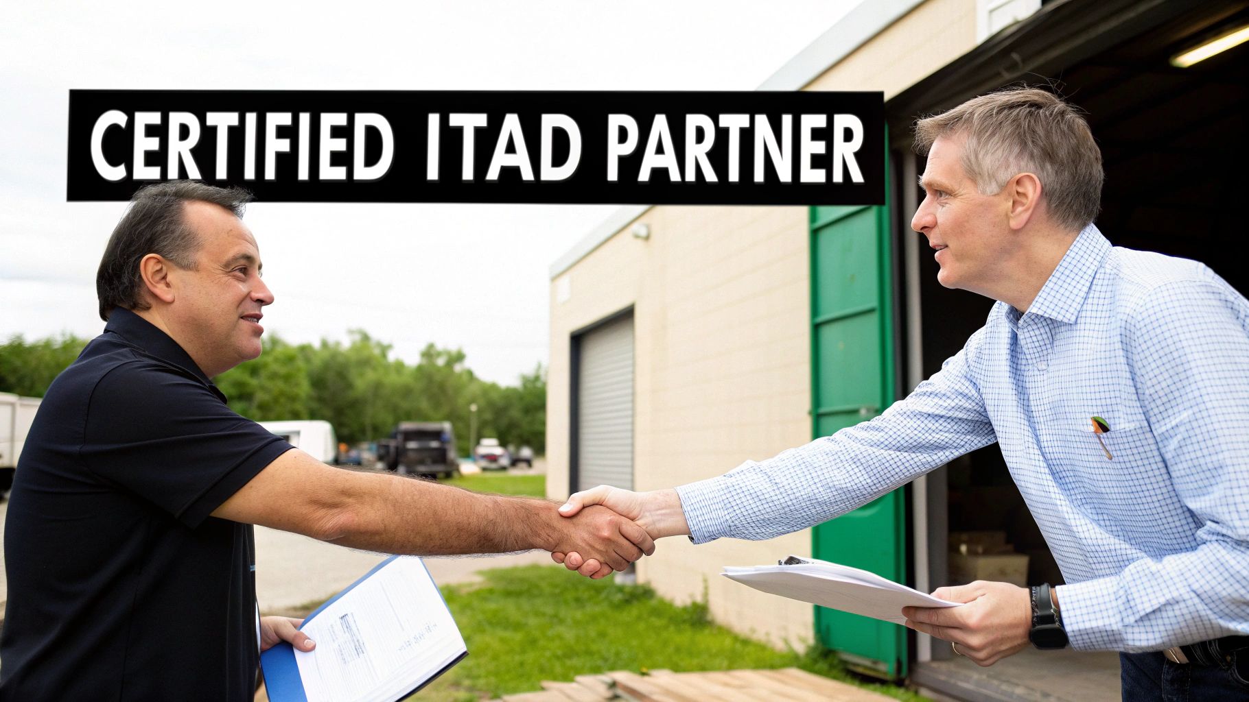 Two business partners shake hands outdoors, beneath a 'CERTIFIED ITAD PARTNER' banner.