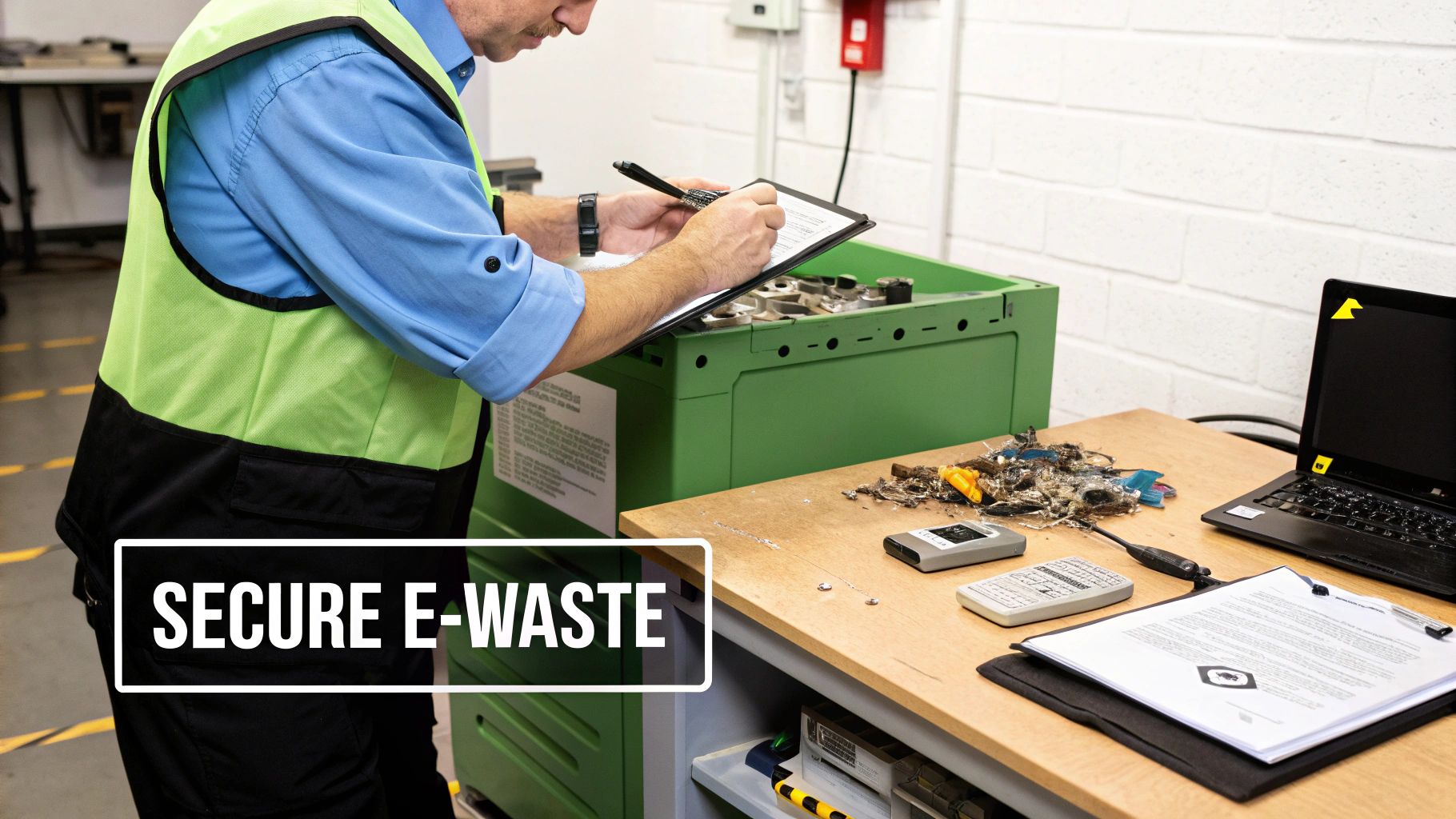 A worker in a safety vest processes e-waste for secure data destruction, documenting items.