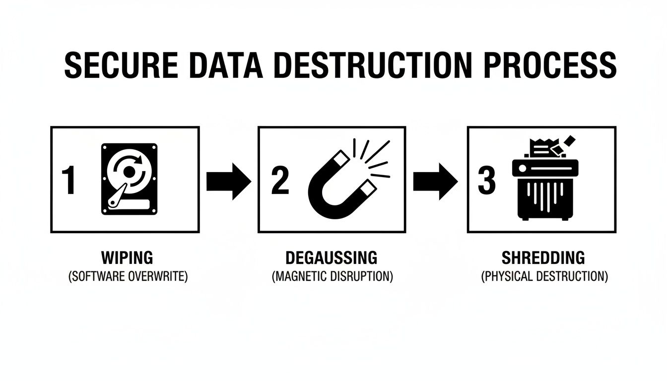 An infographic illustrating the three steps of secure data destruction: wiping, degaussing, and shredding.