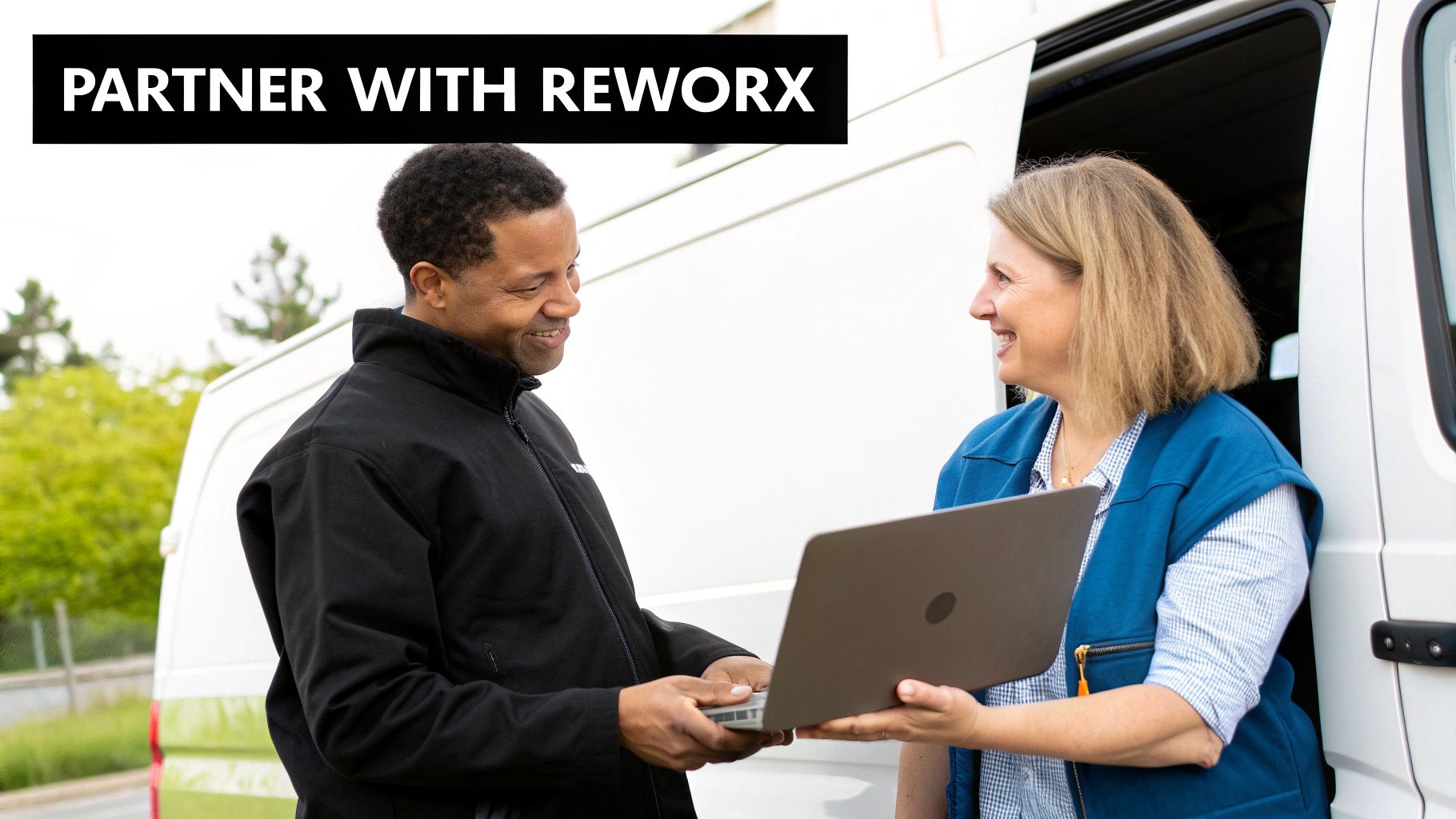 Two smiling business partners, a man and a woman, reviewing a laptop near a white van.