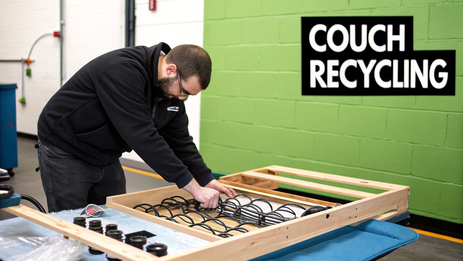 A worker dismantles a couch spring frame in a workshop, promoting couch recycling.
