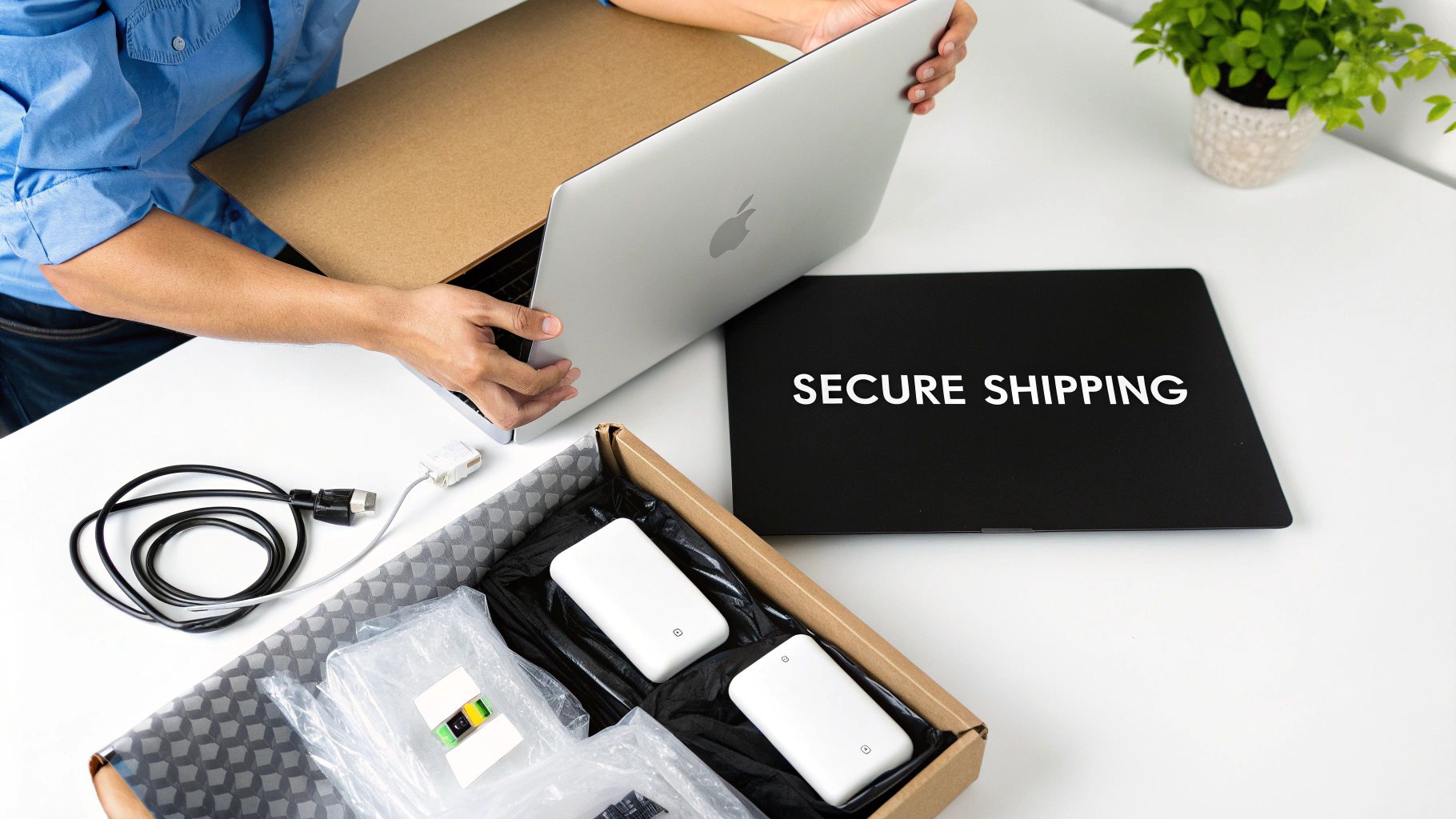 Person preparing electronics for secure shipping, including a laptop and accessories, emphasizing best practices for packaging in the context of monetizing old electronics.