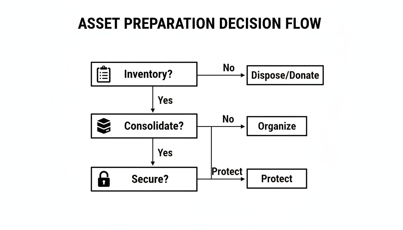 A flowchart detailing the asset preparation decision flow for inventory, consolidation, and security.