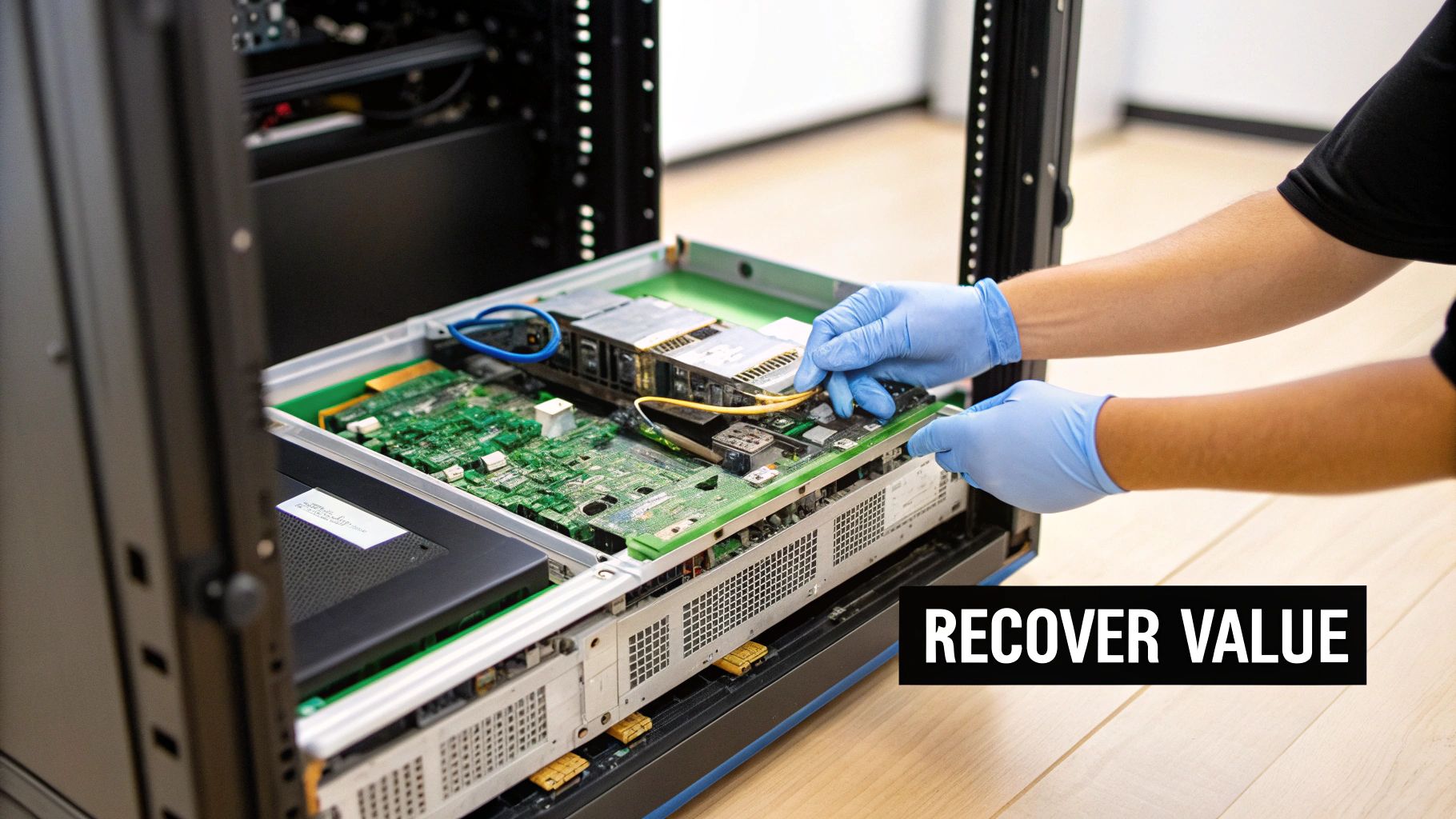 Several bins filled with assorted electronic components like circuit boards, wires, and keyboards waiting for recycling.