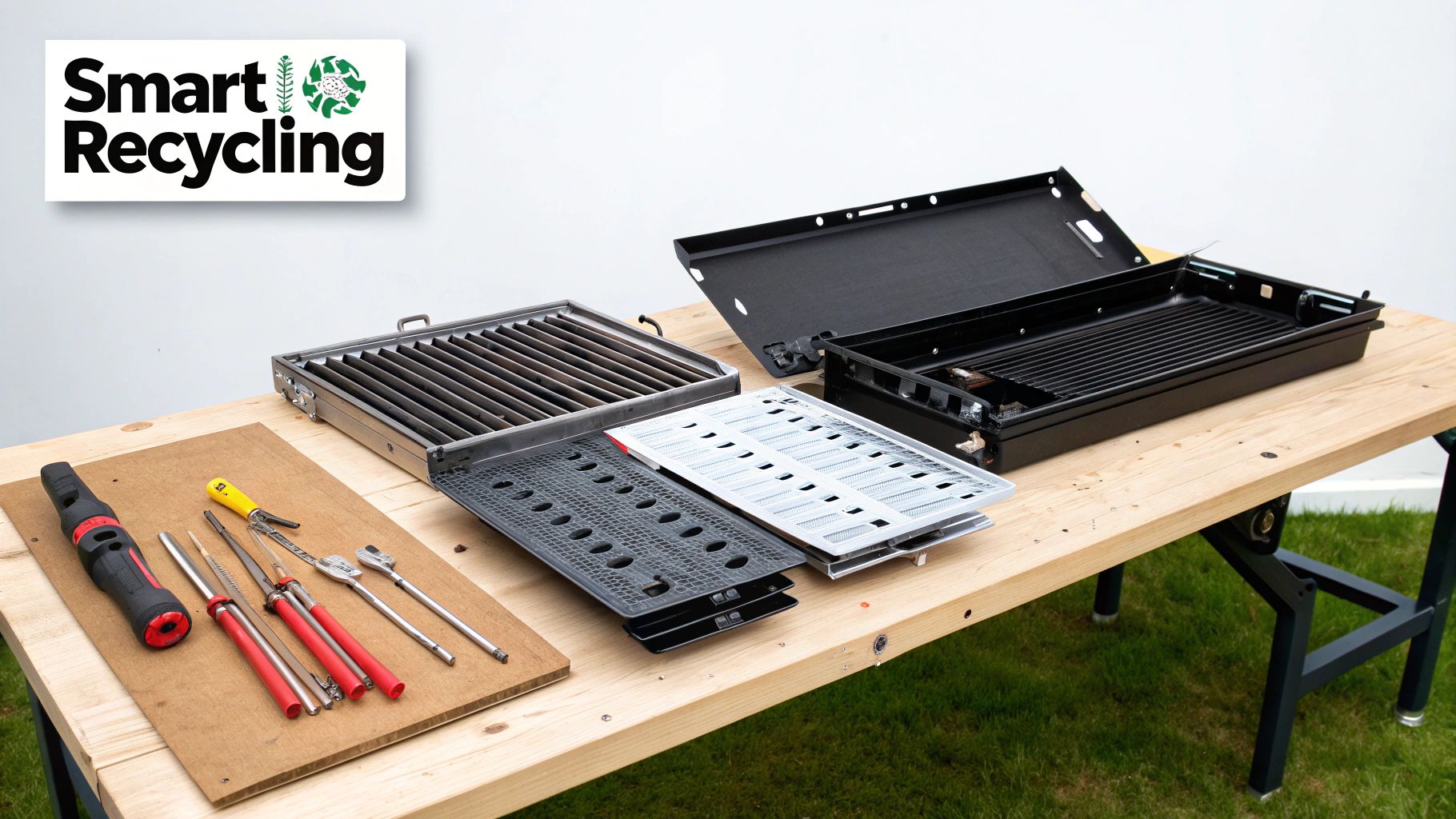 A person dismantling an old gas grill in their garage, separating metal parts into piles.