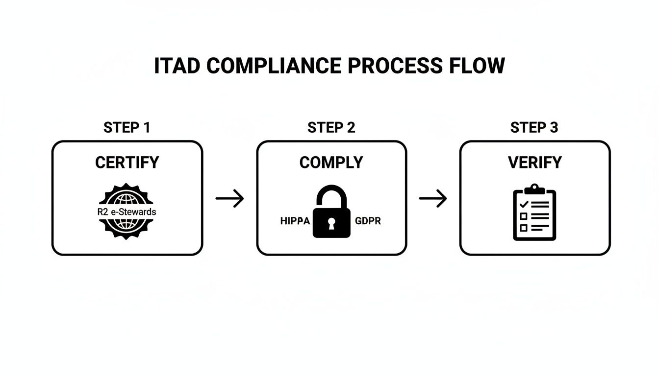 ITAD compliance process flow showing steps to certify with R2 e-Stewards, comply with HIPAA and GDPR, then verify.