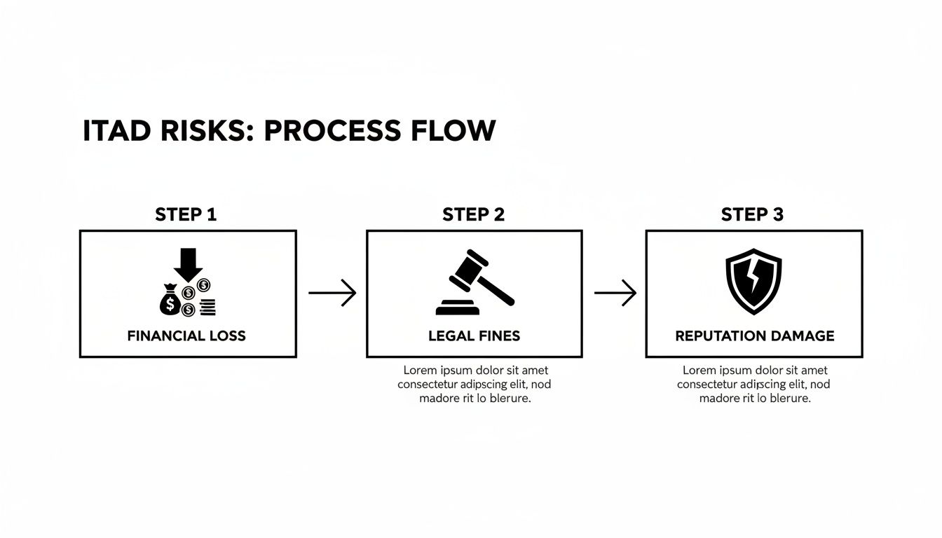 A process flow diagram illustrating ITAD risks: financial loss, legal fines, and reputation damage.