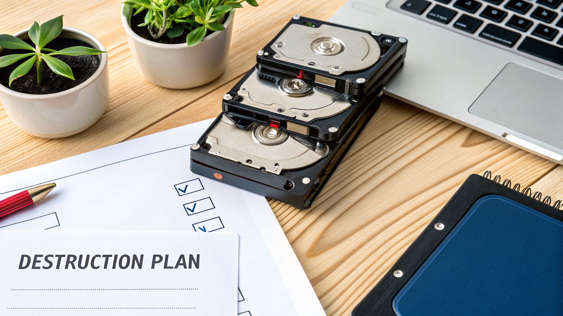 A data destruction plan document with stacked hard drives and a laptop on a wooden desk.