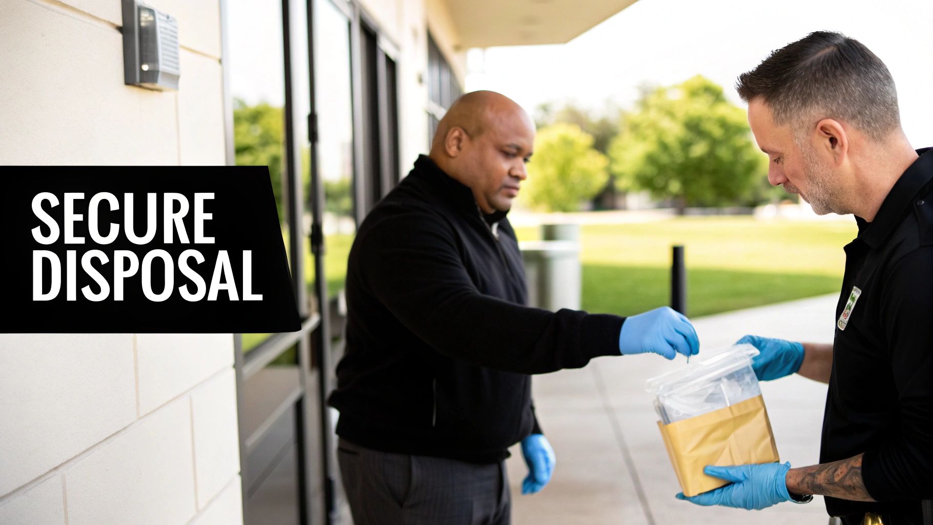 Two gloved professionals conducting a secure disposal of an item in a package.