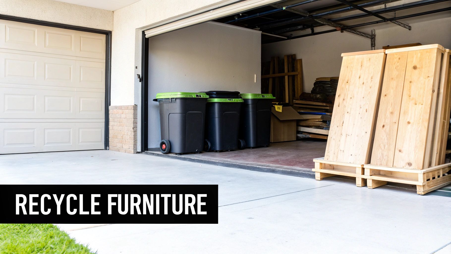 A stack of neatly broken down wooden furniture pieces ready for recycling.