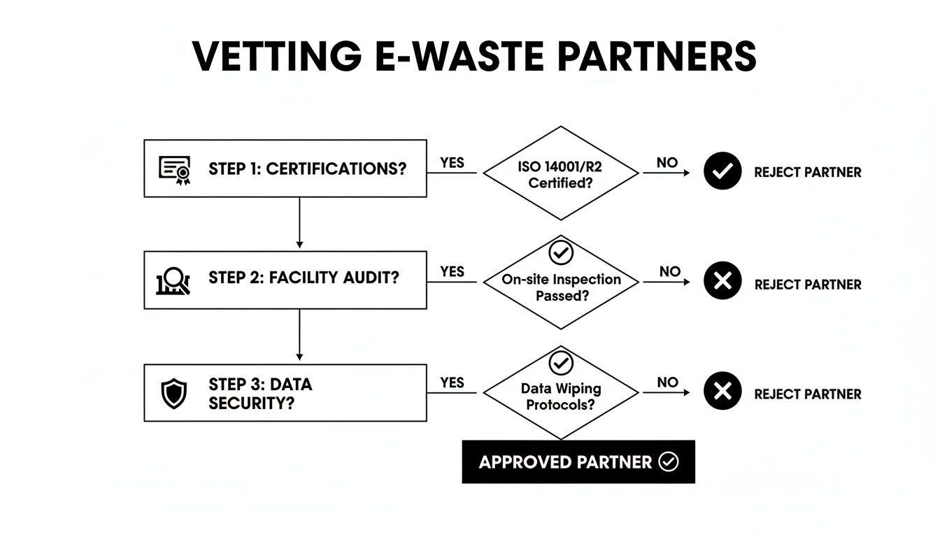 Flowchart outlining the steps for vetting e-waste partners, including certifications, facility audits, and data security checks.