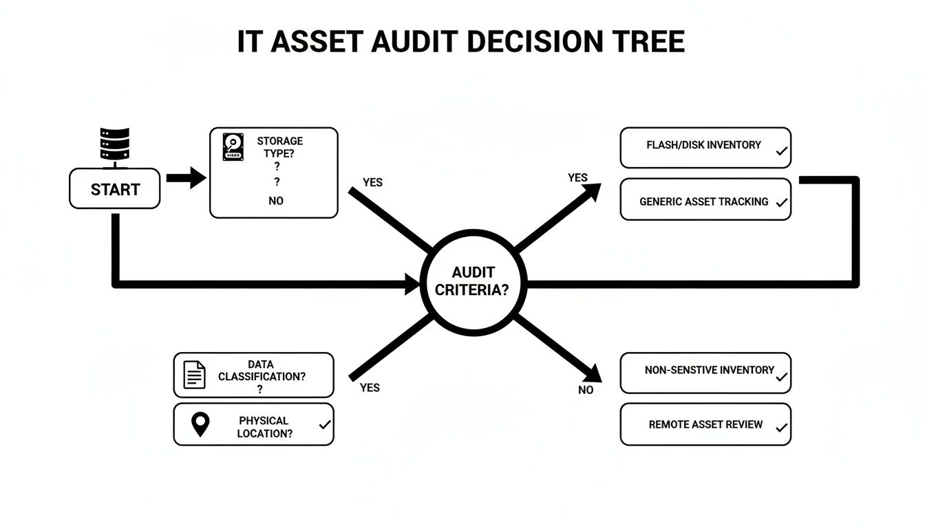 Flowchart illustrating an IT asset audit decision tree based on storage type, data classification, and physical location.