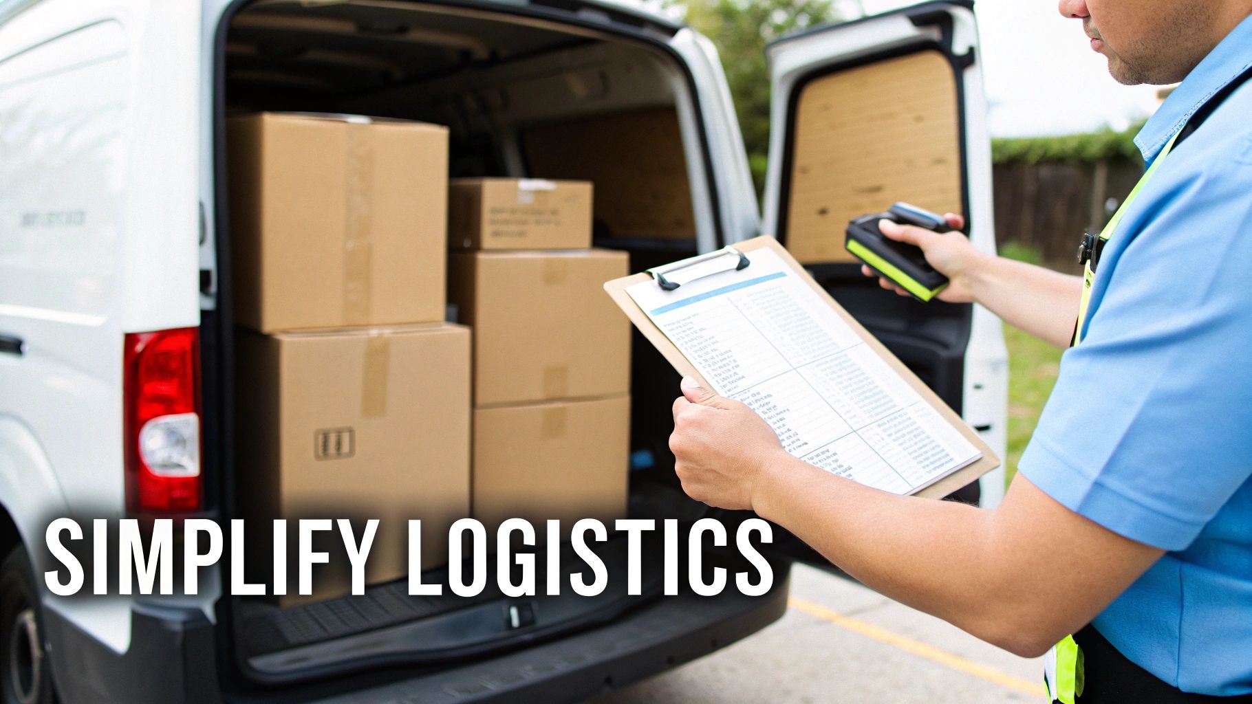 A delivery worker scans packages in a white van, holding a clipboard, symbolizing logistics.