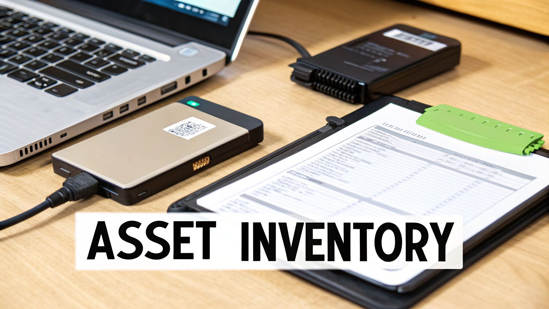 A laptop, external hard drives, and a document on a clipboard for asset inventory.