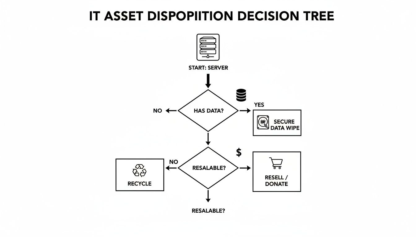 Flowchart illustrating IT asset disposition decision tree for servers, including data wiping, recycling, and reselling.