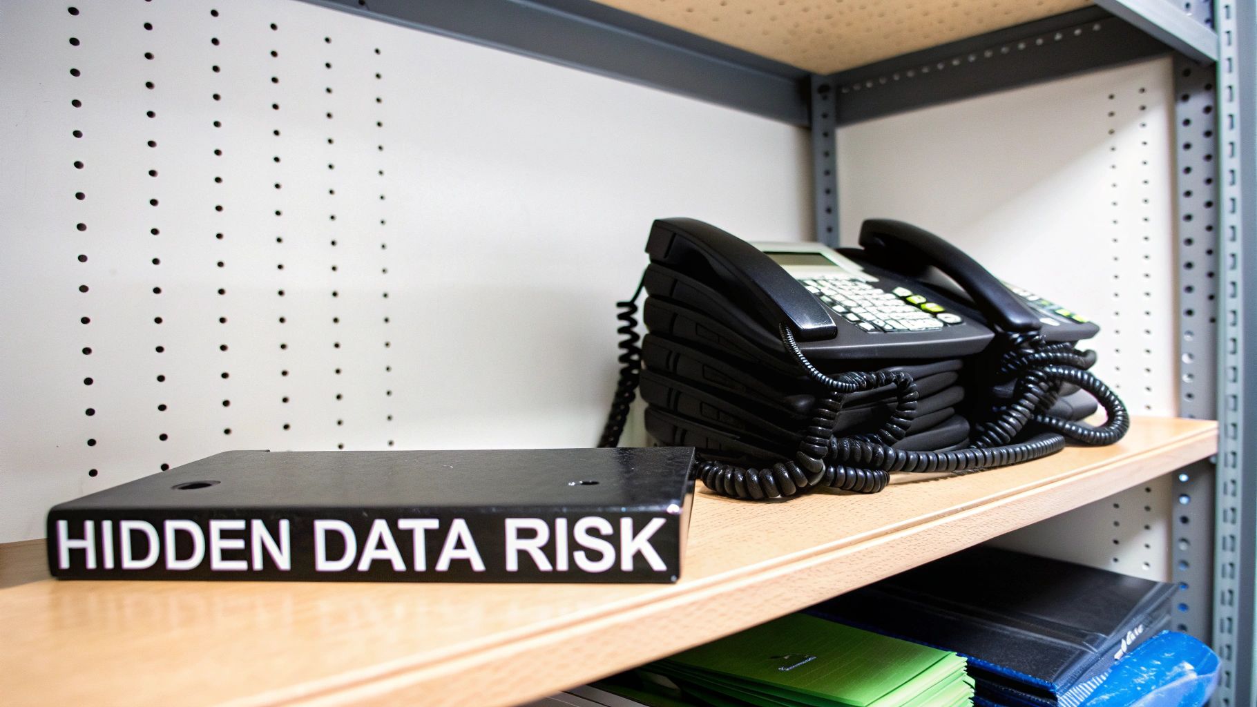 A black box labeled 'HIDDEN DATA RISK' sits on a wooden shelf next to several stacked old phones.