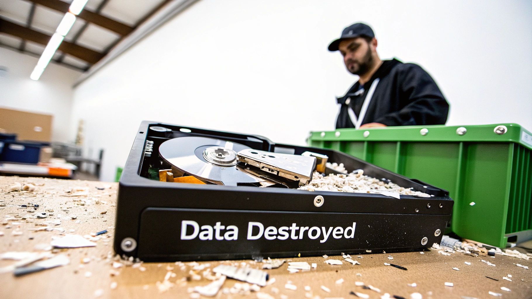 A destroyed hard drive labeled 'Data Destroyed' rests on a table, with debris and a man in the background.