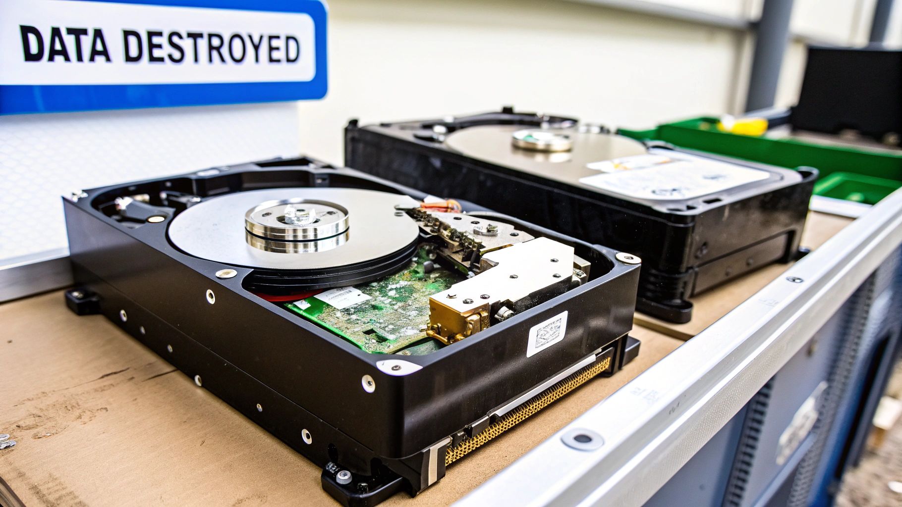 Data destruction process with hard drives showing internal components and "DATA DESTROYED" sign, related to IT asset disposition services in Delaware by Reworx Recycling.