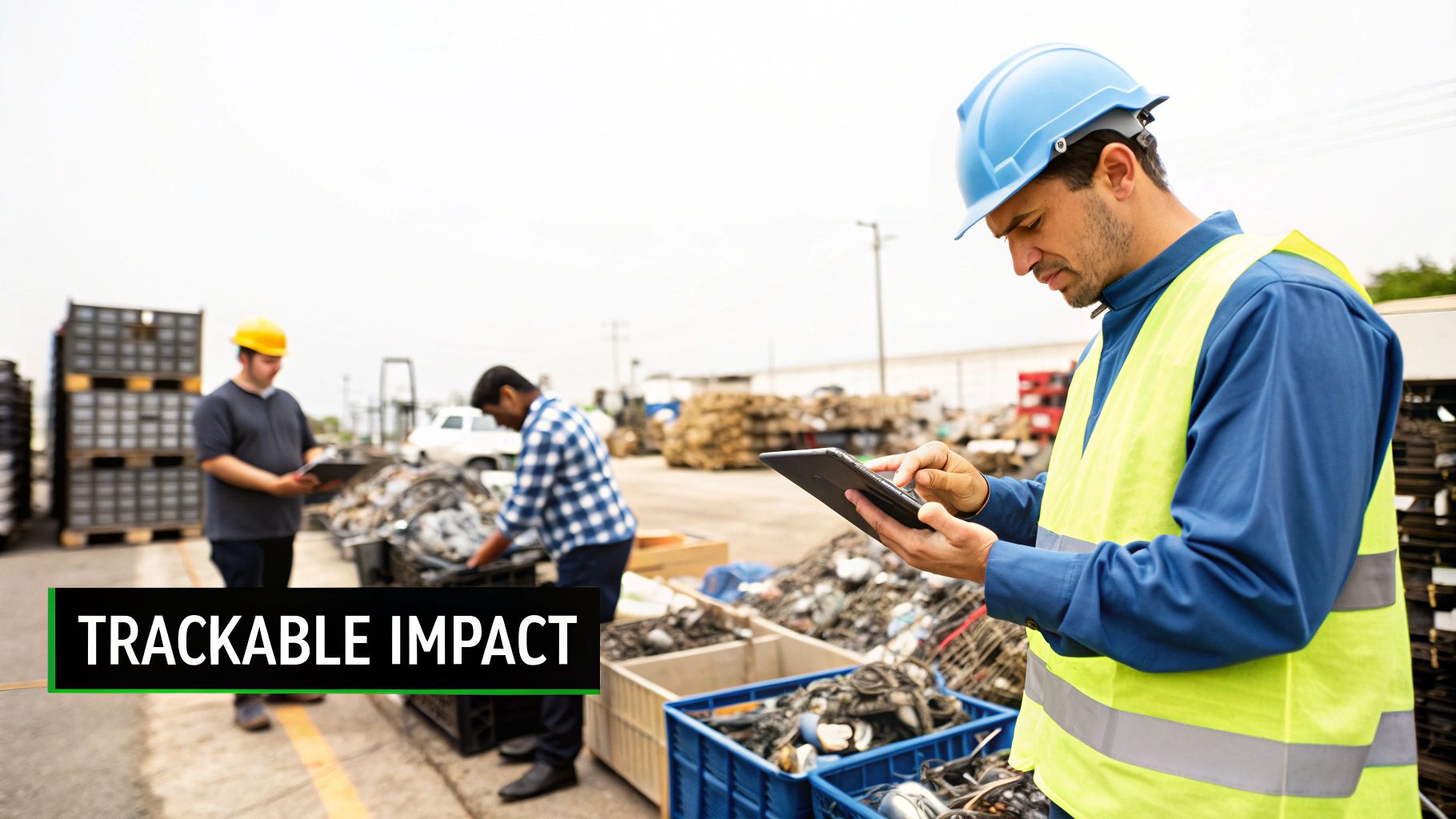 Men in hard hats and vests track inventory at a junk removal or recycling site.