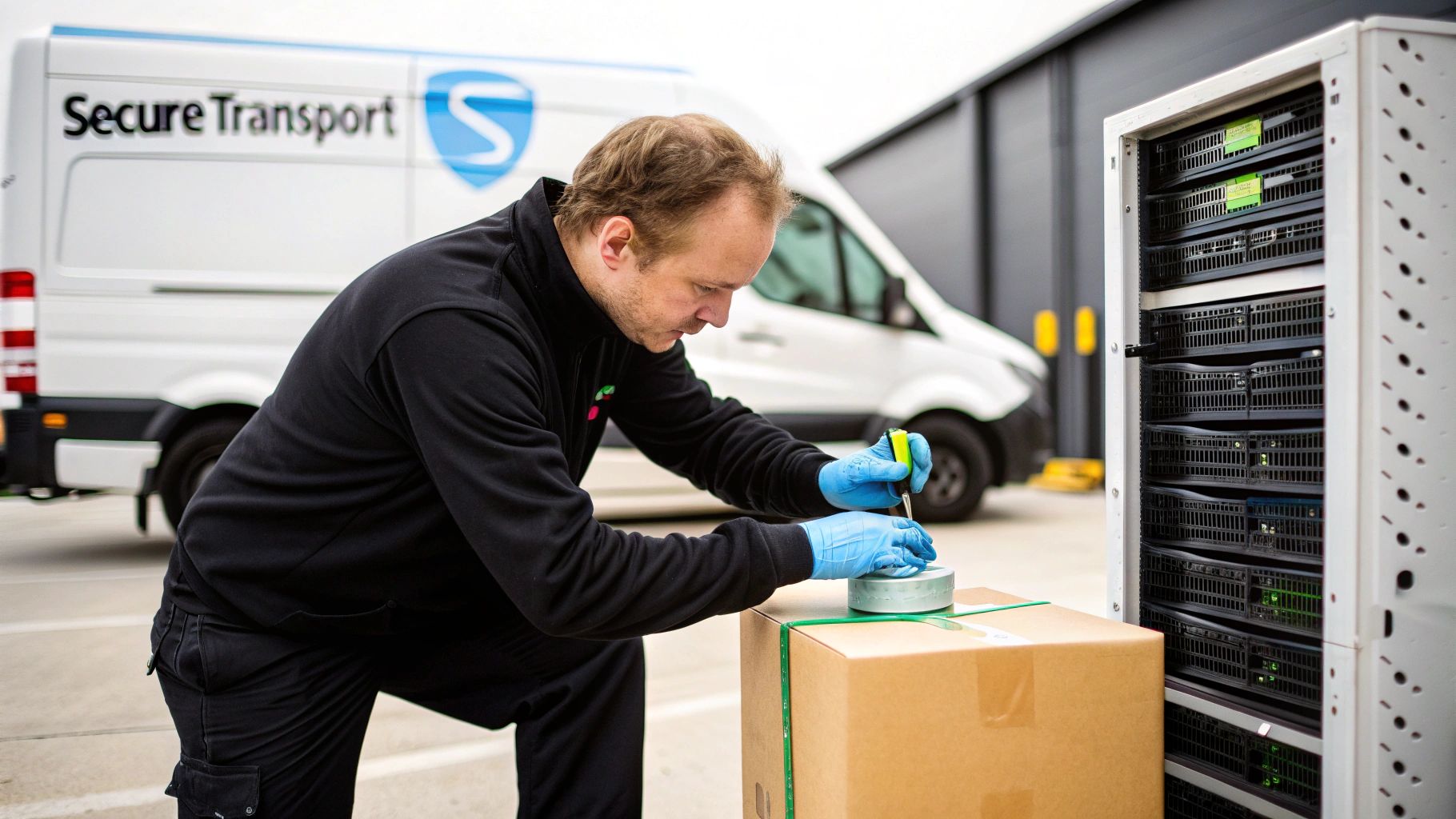 A man in blue gloves uses a screwdriver on a package with a server rack and a van in the background.