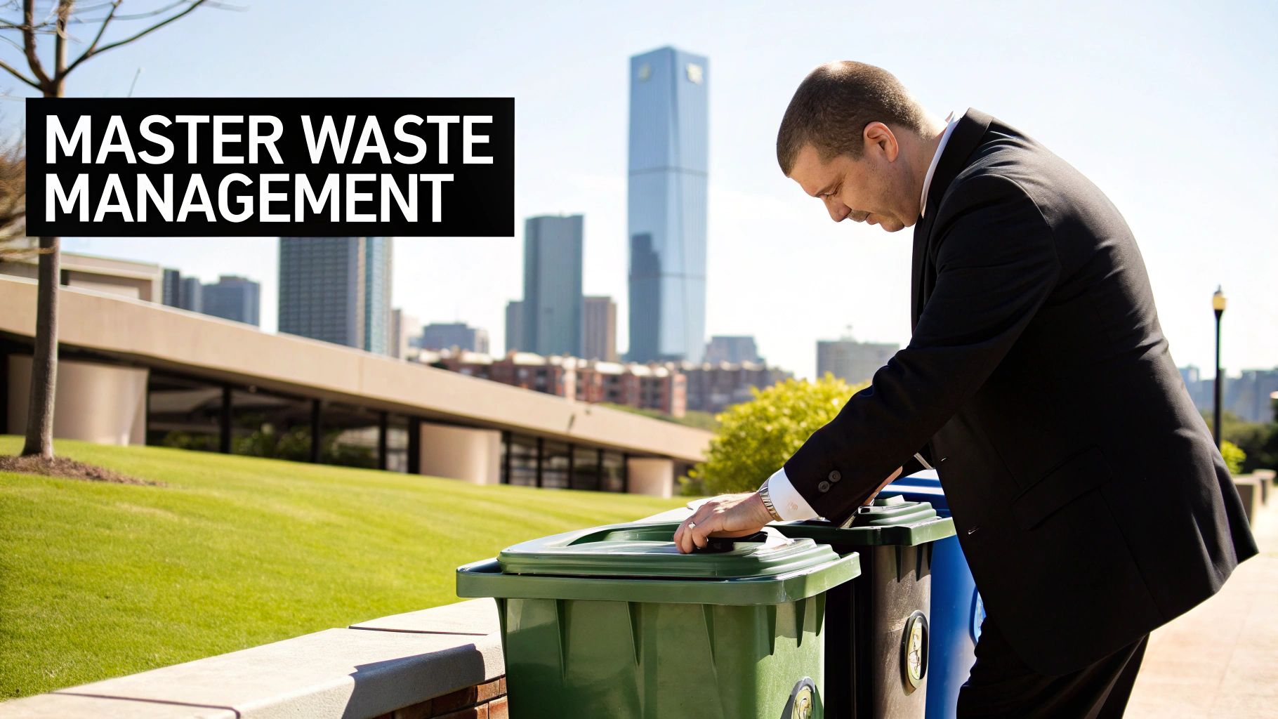 Man in suit placing an item in a green recycling bin with a city skyline.