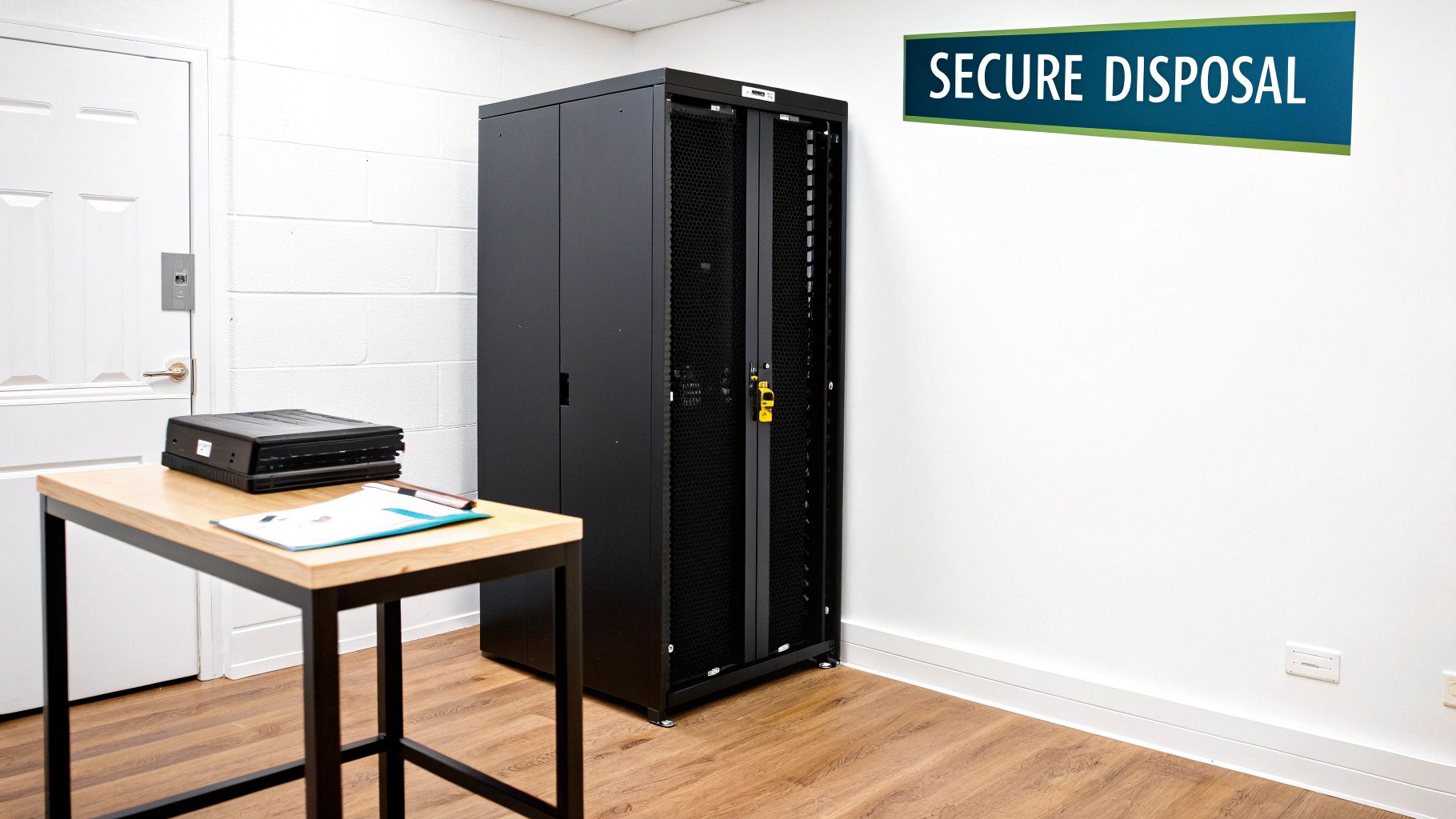 A secure black server rack, a desk with a data destruction device, and a 'Secure Disposal' sign.