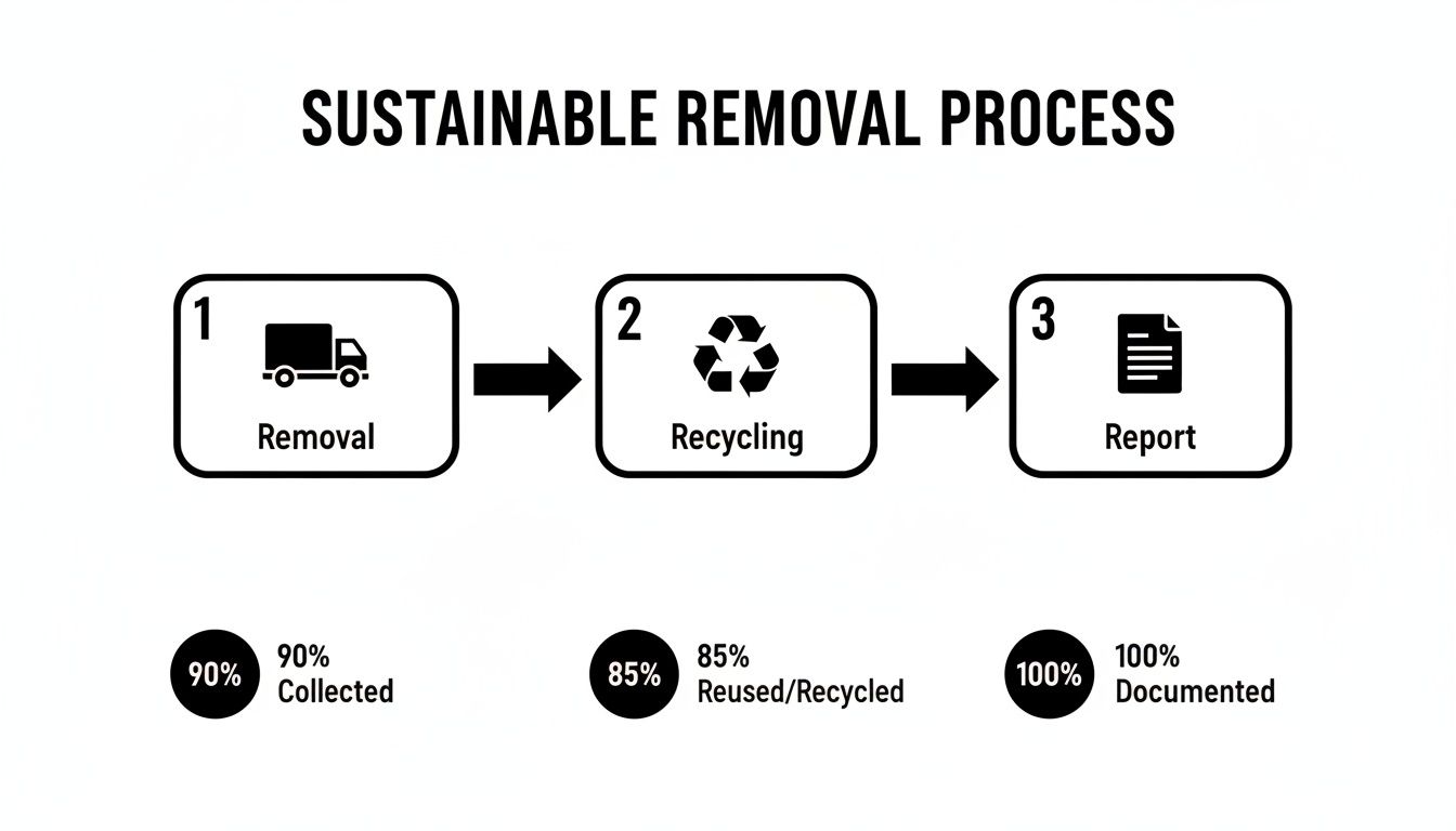 Flowchart illustrating a sustainable removal process: removal, recycling, and reporting with percentages.