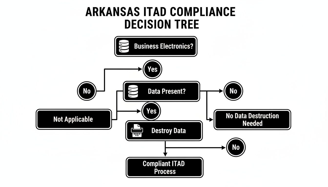 Decision tree for Arkansas ITAD compliance, outlining steps for business electronics and data destruction.