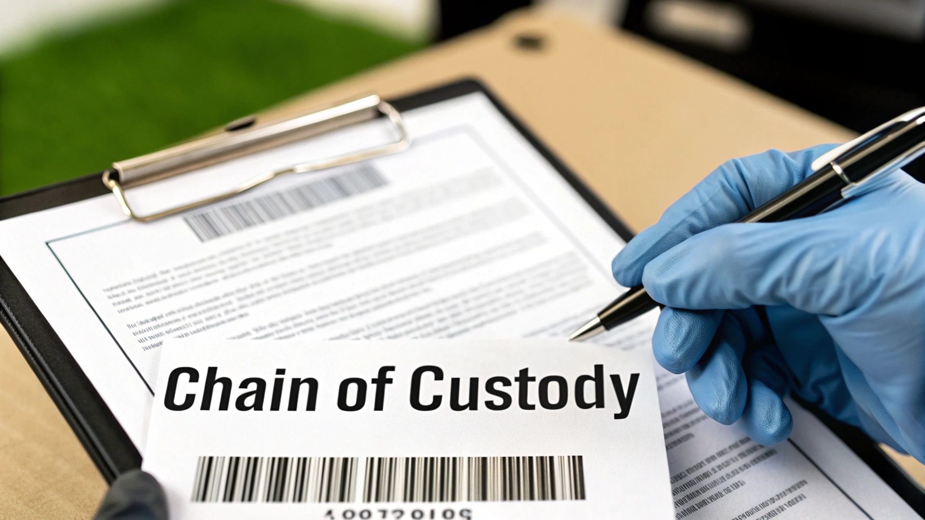 A gloved hand signs a Chain of Custody document on a clipboard with a visible barcode.