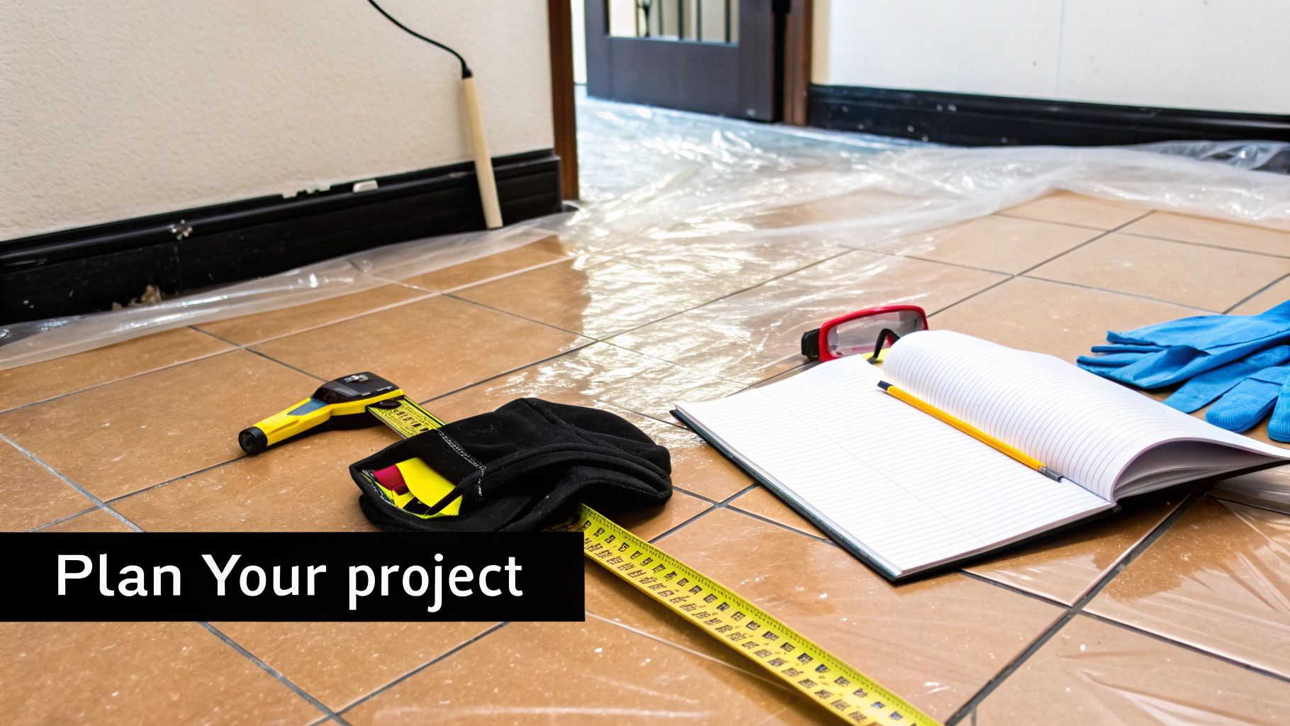 Renovation tools like a tape measure, notebook, safety glasses, and gloves on a tiled floor covered with plastic sheeting, ready for a project.