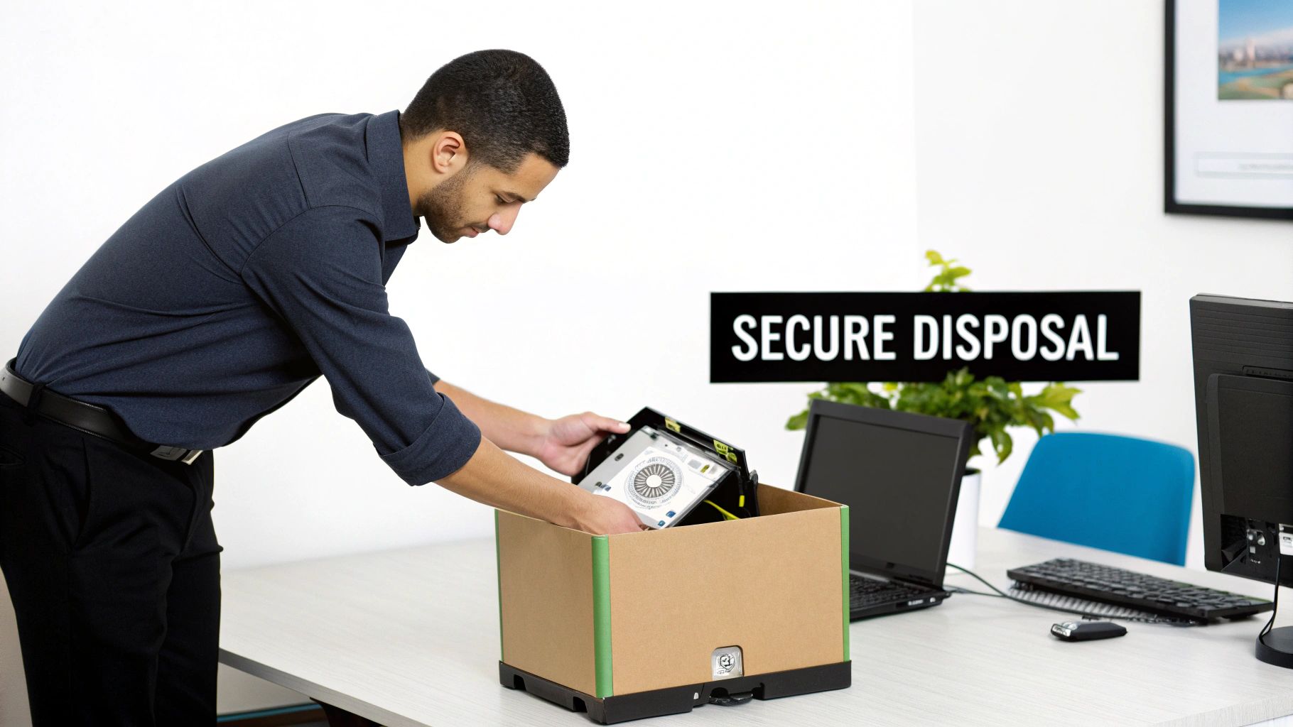A man places a computer hard drive into a secure disposal box in an office setting.