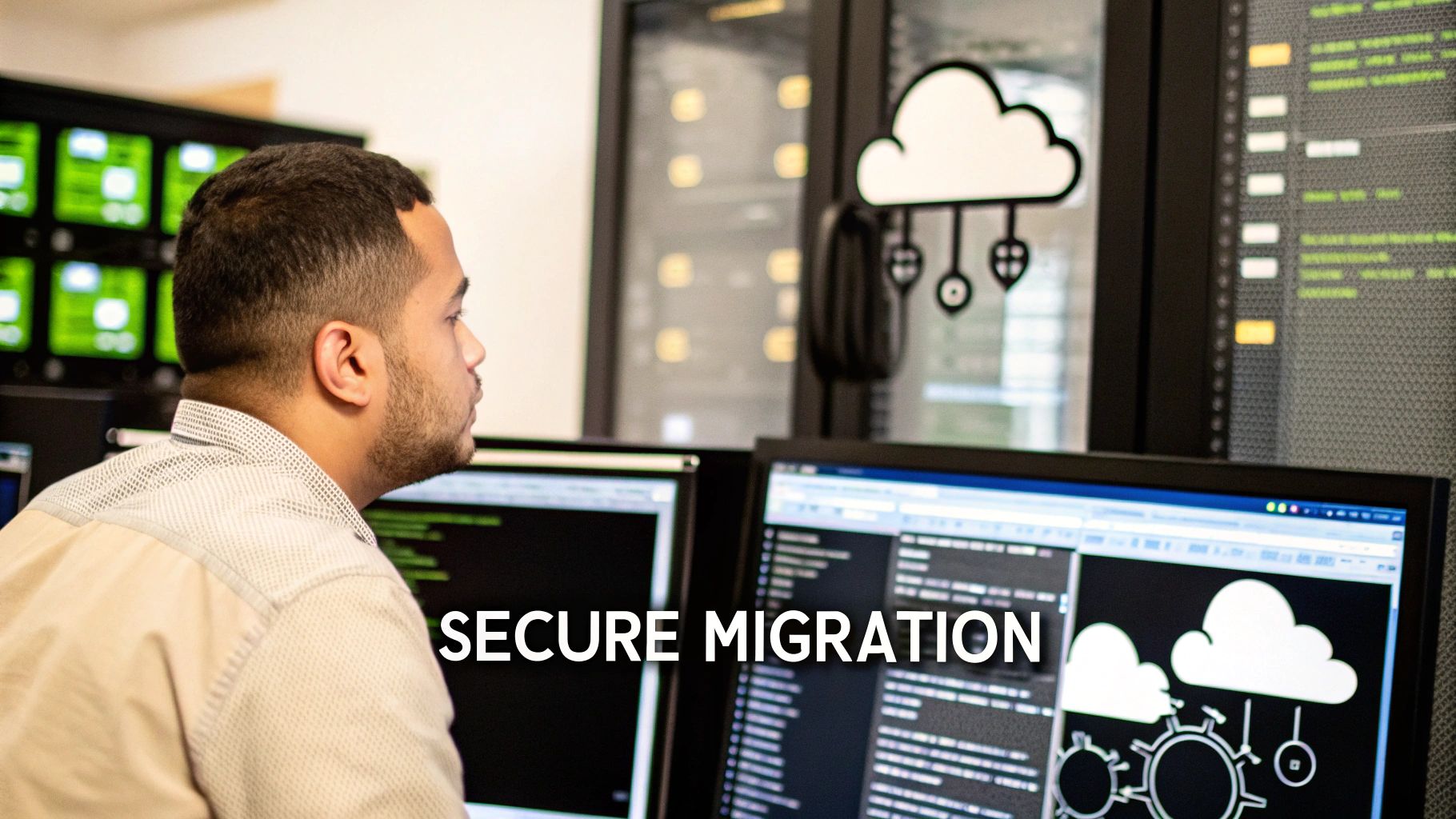 A stylized graphic showing a lock over a server rack, symbolizing data security during migration.