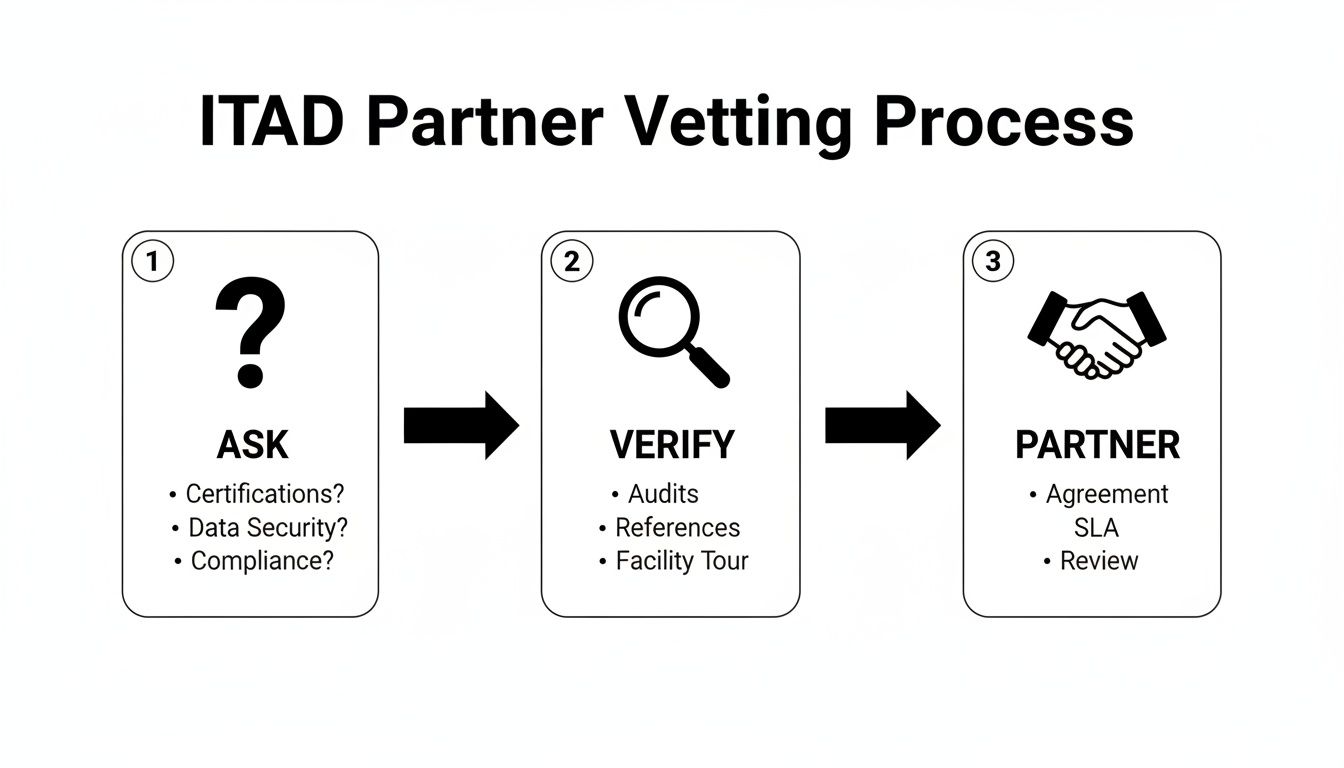 Diagram outlining the ITAD partner vetting process with three steps: ask, verify, and partner.