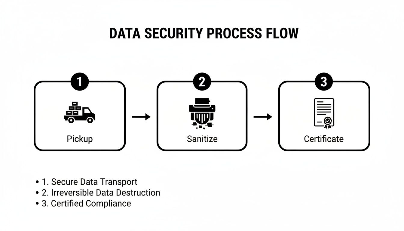 A data security process flow illustrating pickup, sanitize, and certificate steps for secure data handling.