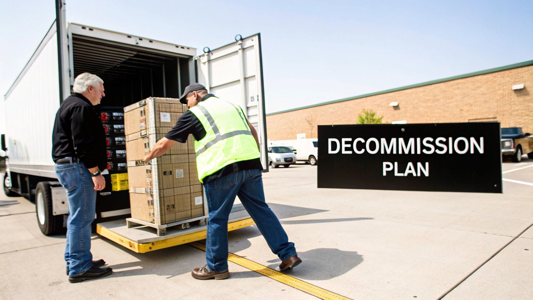 Two men load boxes onto a truck, with a 'DECOMMISSION PLAN' sign in the foreground.