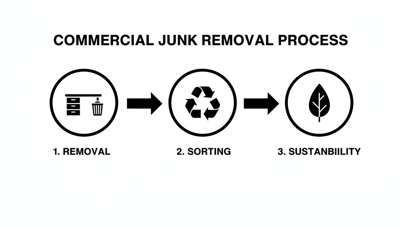 Infographic outlining the commercial junk removal process with steps: Removal, Sorting, and Sustainability.