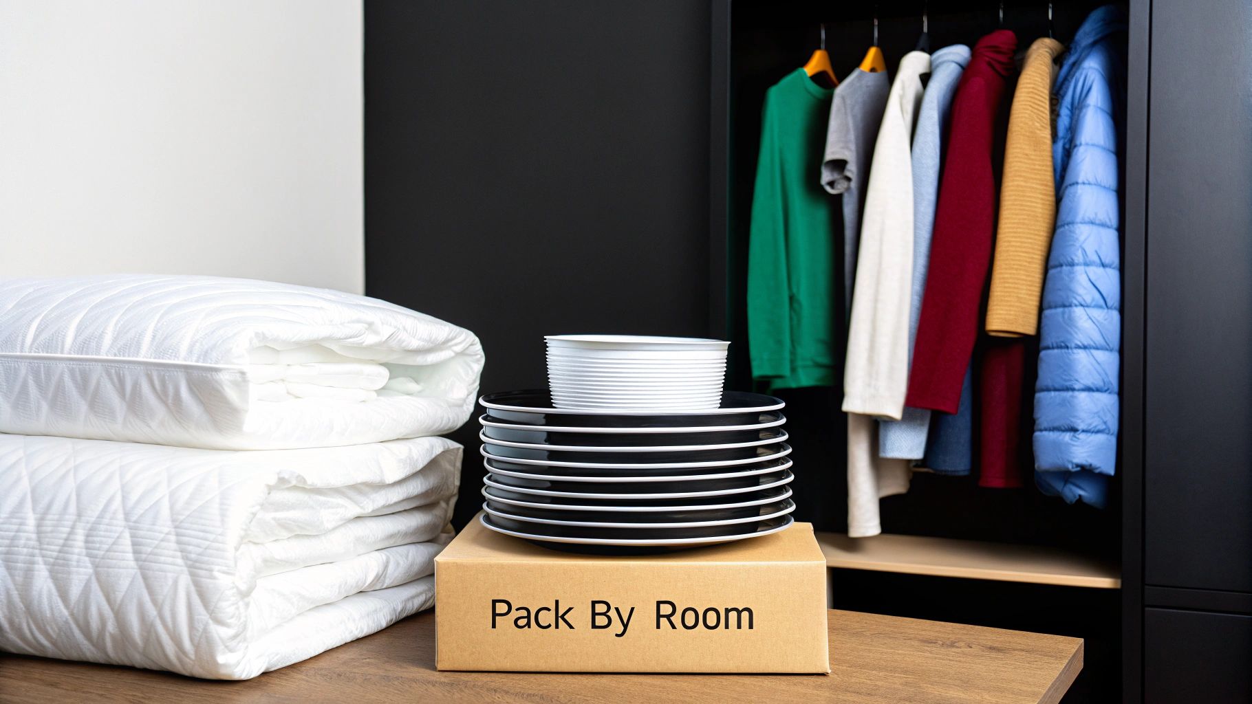 A box labeled 'Pack By Room' with folded bedding, dishes, and clothes in a closet, showing moving organization.